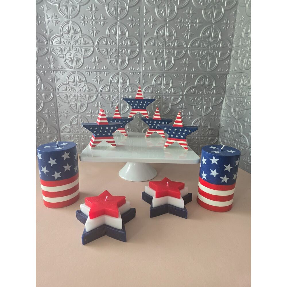 9 Patriotic Red White & Blue Candles 7 Stars and 2 Pillars